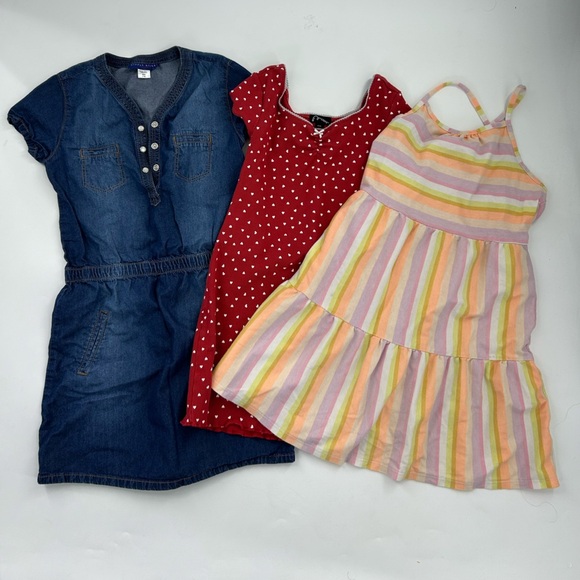 Lot/bundle of 3 dresses- Jean dress, red with hearts, stripe dress -Sz 7/8 - Picture 2 of 8